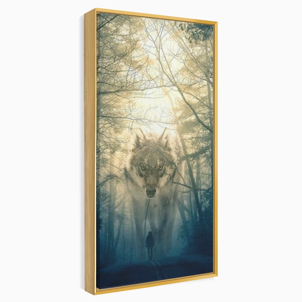 Tablou canvas cu ilustratie digitala cu un lup gigant si o silueta umana, in rama de aluminiu auriu